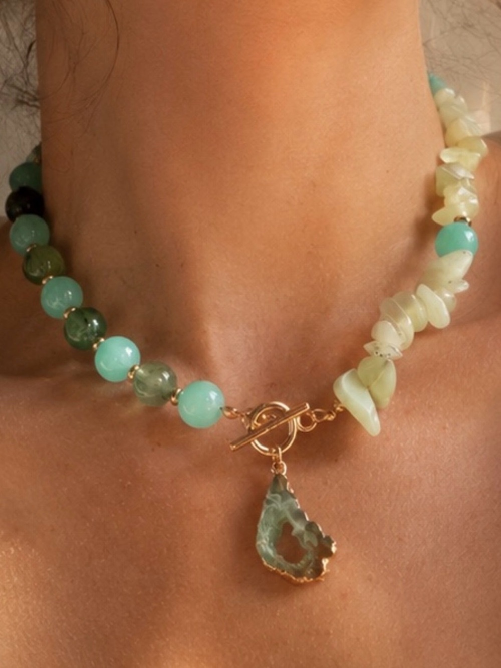 Green Beaded Necklace with Teardrop pendant